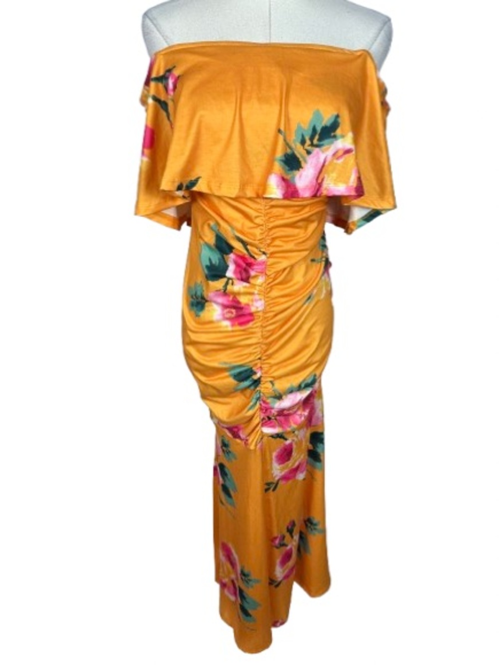 SHEIN Yellow Floral Strapless Ruched Maxi Dress